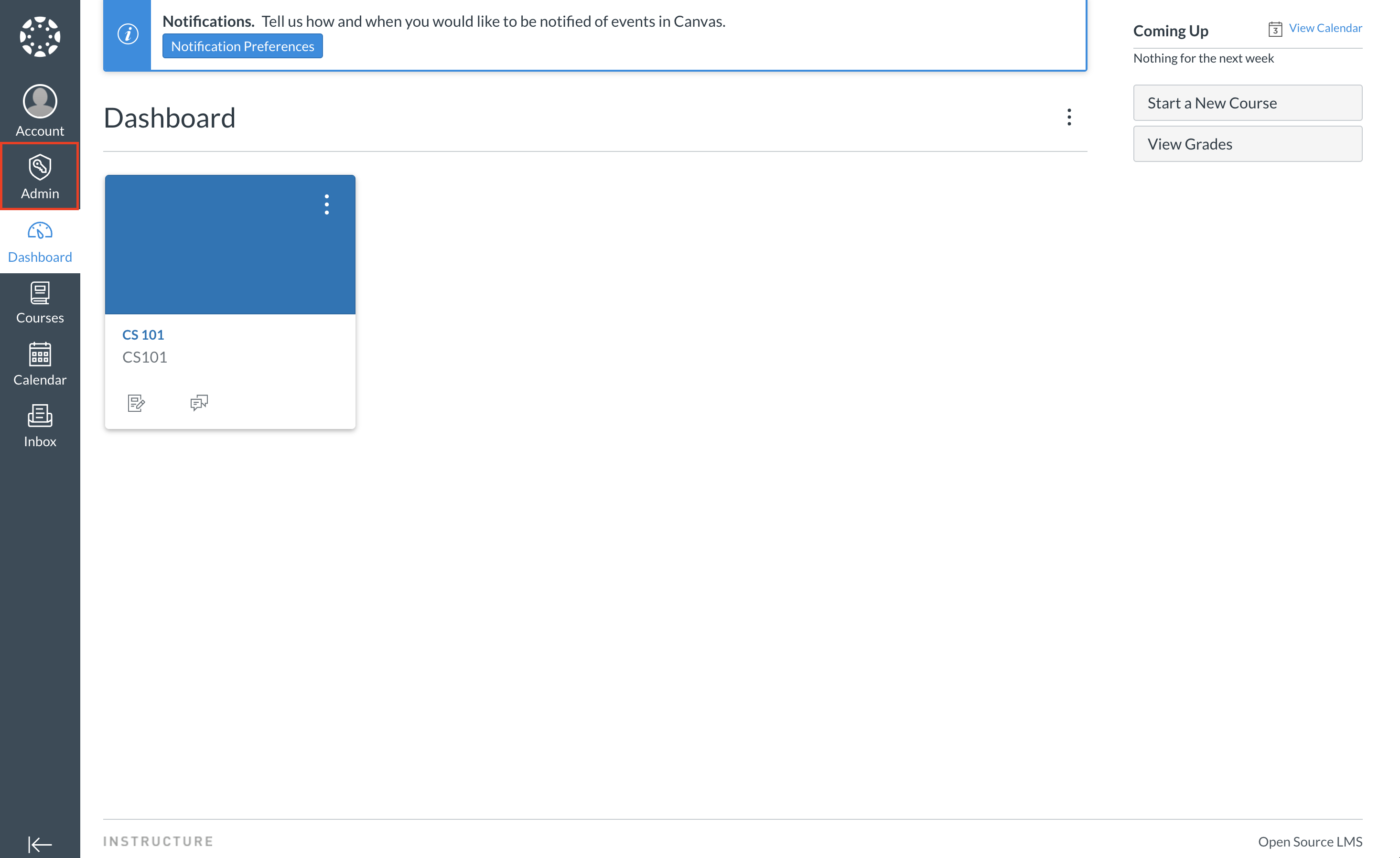 Canvas Dashboard with Admin highlighted