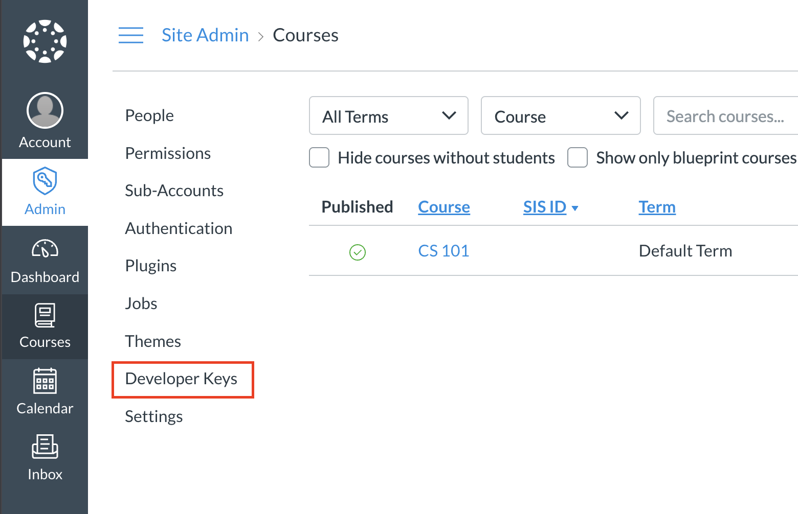 Site Admin sidebar with Developer Keys highlighted