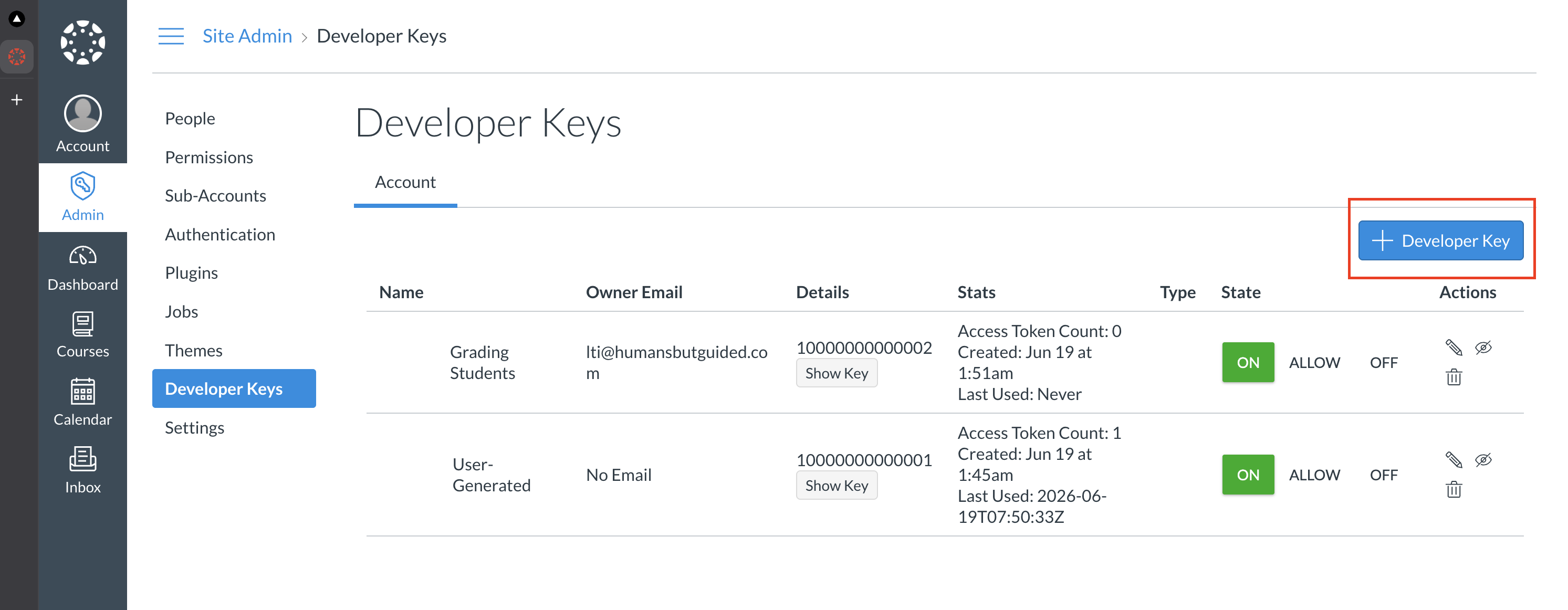 Developer Keys list with + Developer Key button