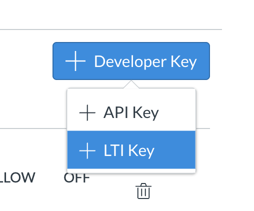 + Developer Key dropdown with + LTI Key selected