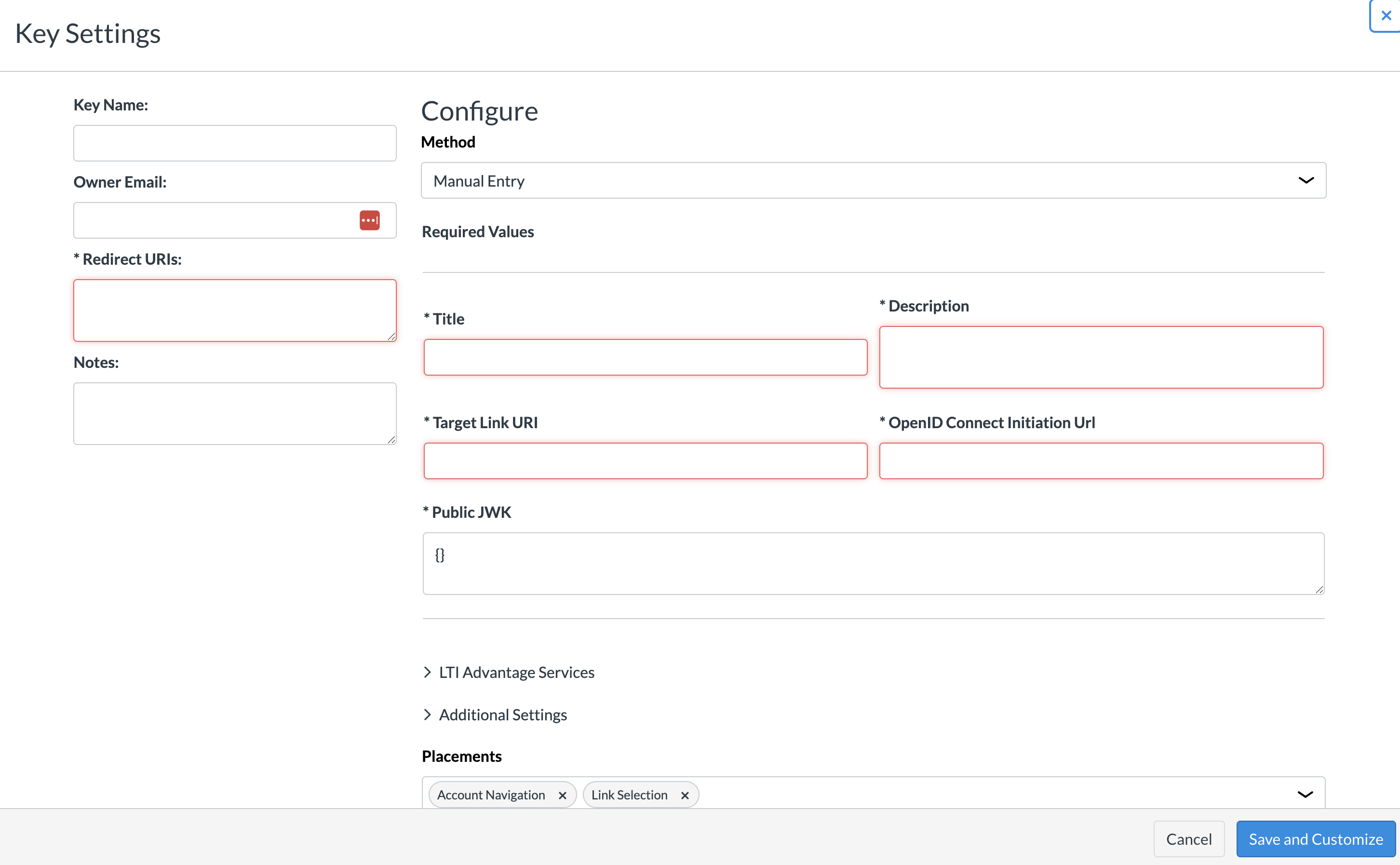 LTI Key Settings and Configure form