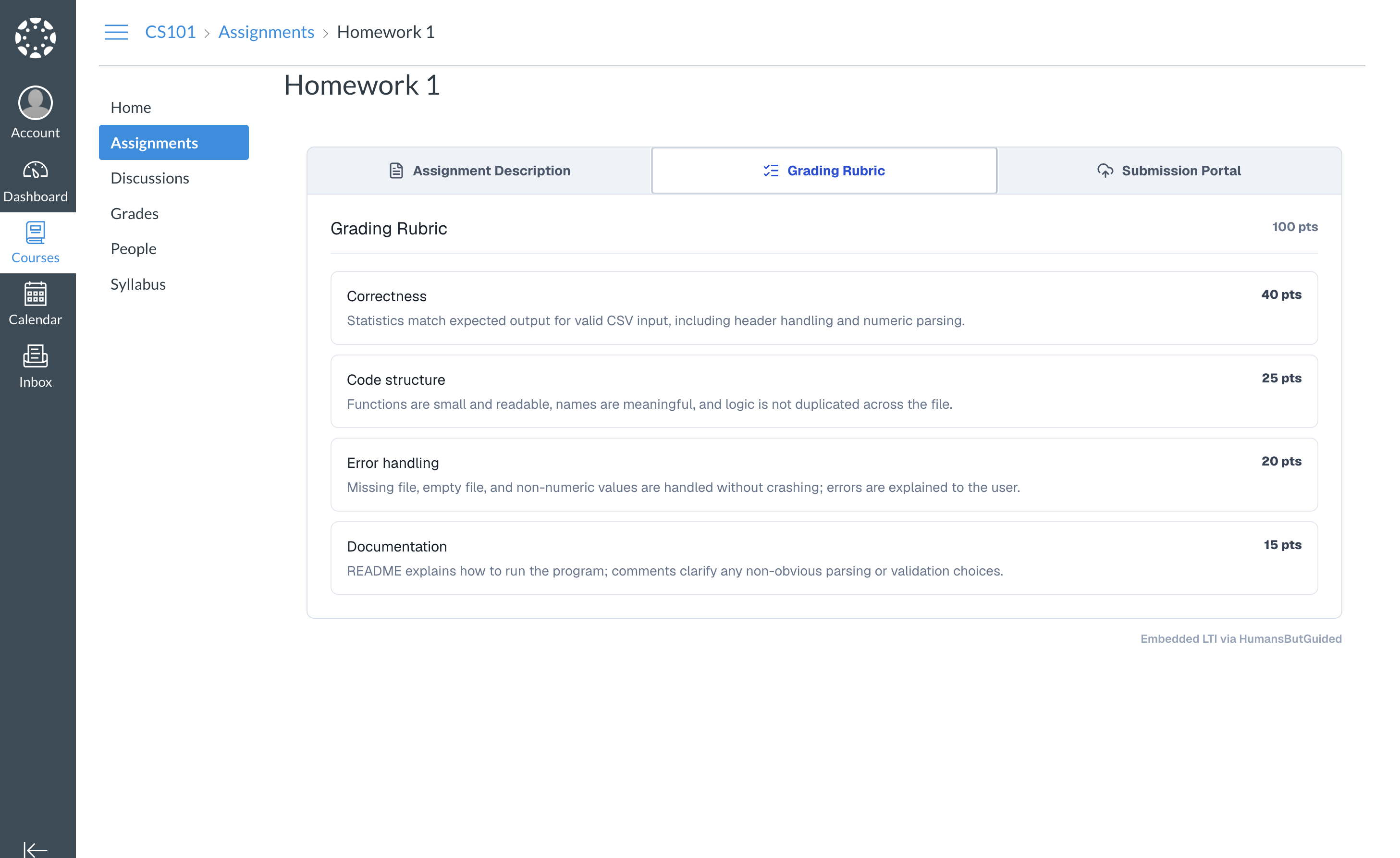 Embedded grading rubric with four criteria