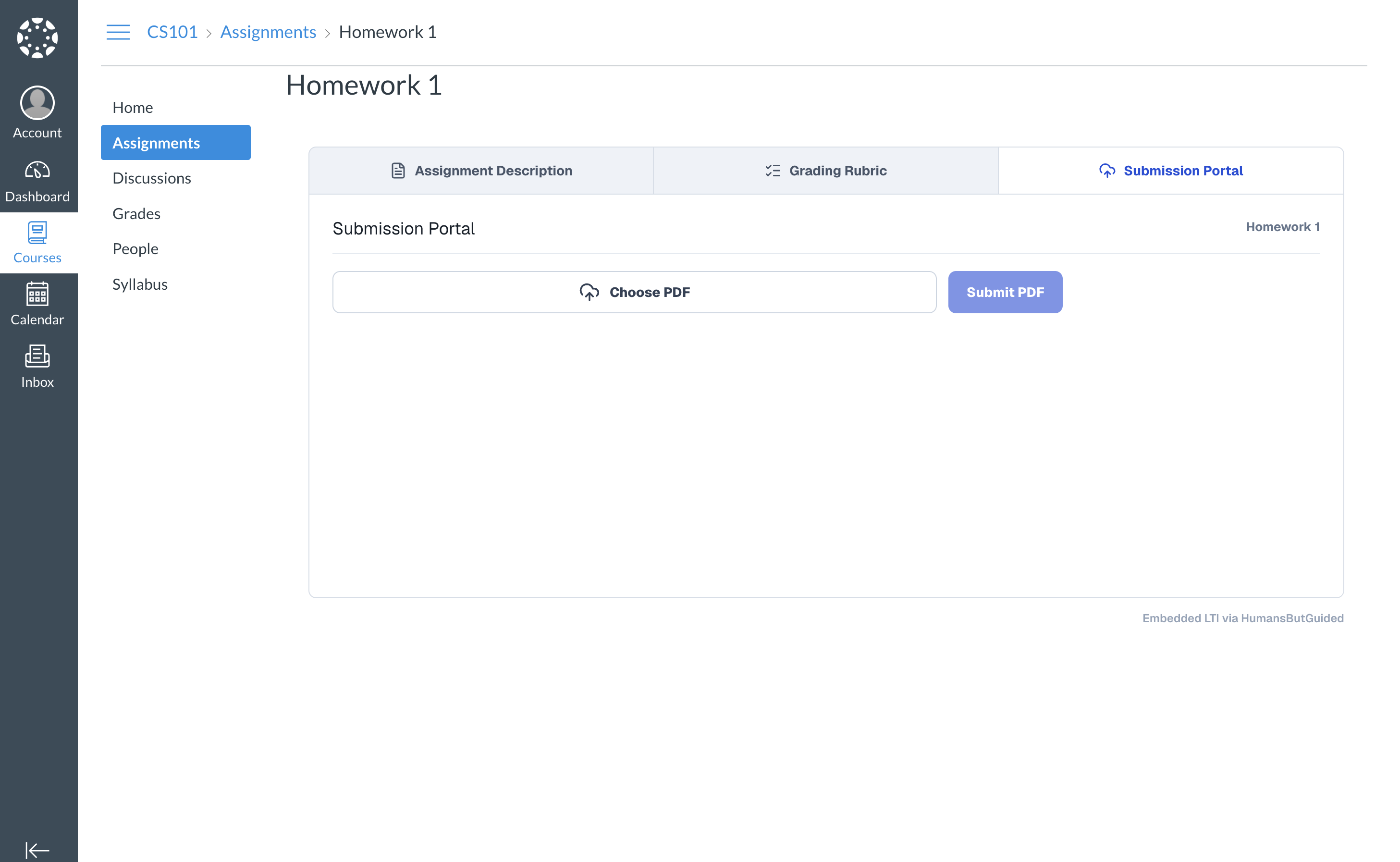 Embedded submission portal with PDF upload